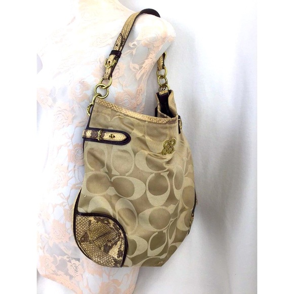 Coach Colette Signature Beige Sateen Python Leather Hobo Bag Size 13X13 - Picture 4 of 12